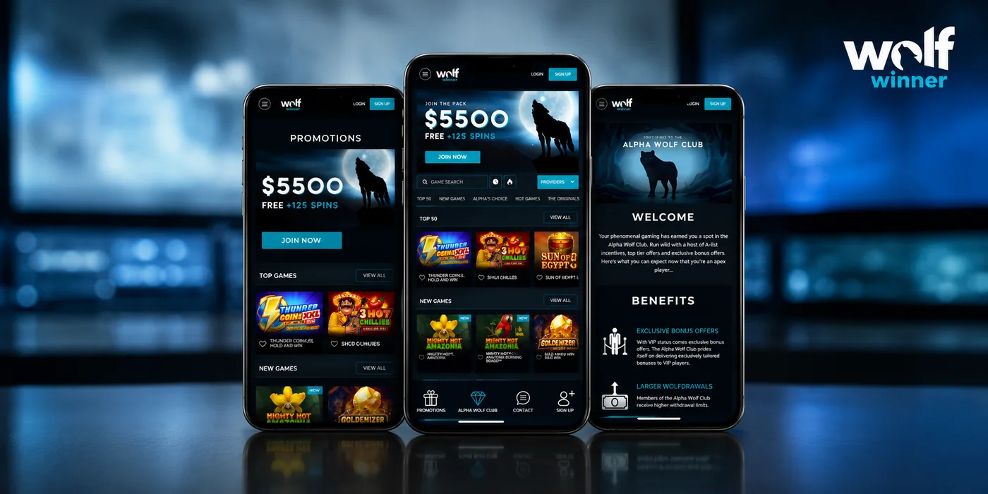 Three phones showing the Wolf Winner app: promotions, game lobby and Alpha Wolf Club VIP screens