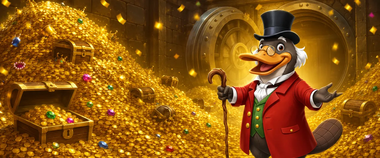 Flatdog the platypus mascot guarding a gold vault — Wolf Winner jackpots