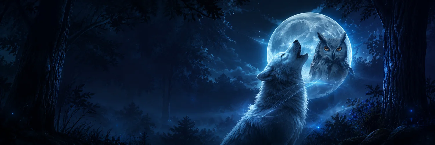 Wolf and owl beneath a full moon — Wolf Winner night theme